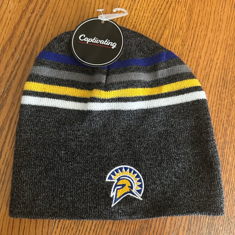 Gray Striped Beanie with Embroidered San Jose State University Spartans Logo